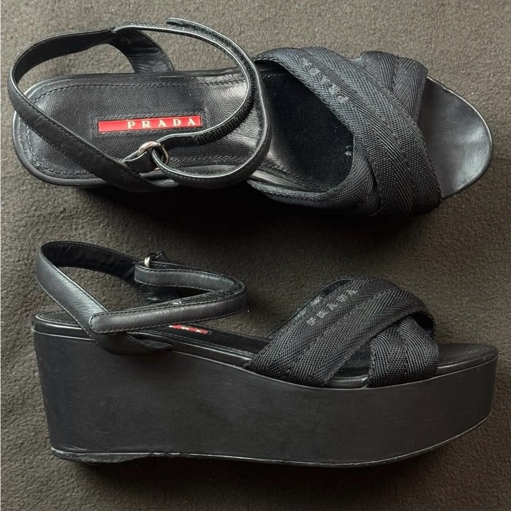 Prada Vintage Criss Cross Nylon Platform Sandal w/Leather Straps | Sz 37.5/7W